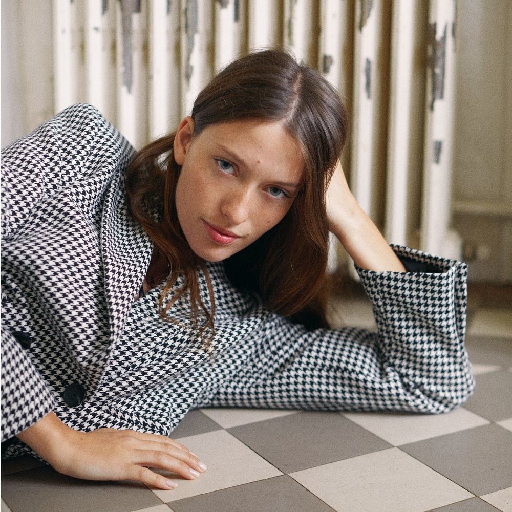 Zara Cropped Houndstooth Boxy Fit Blazer Double Breasted Size Large Blogger Fave